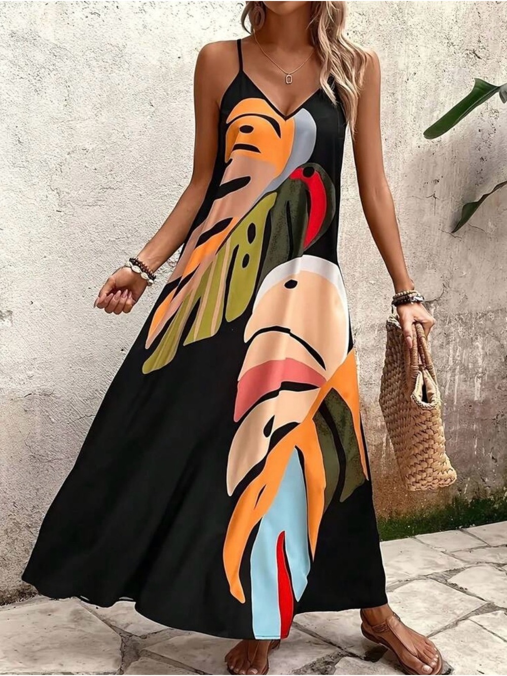Black Maxi Strappy Dress with Multicolor Abstract Leaf Print with Pockets